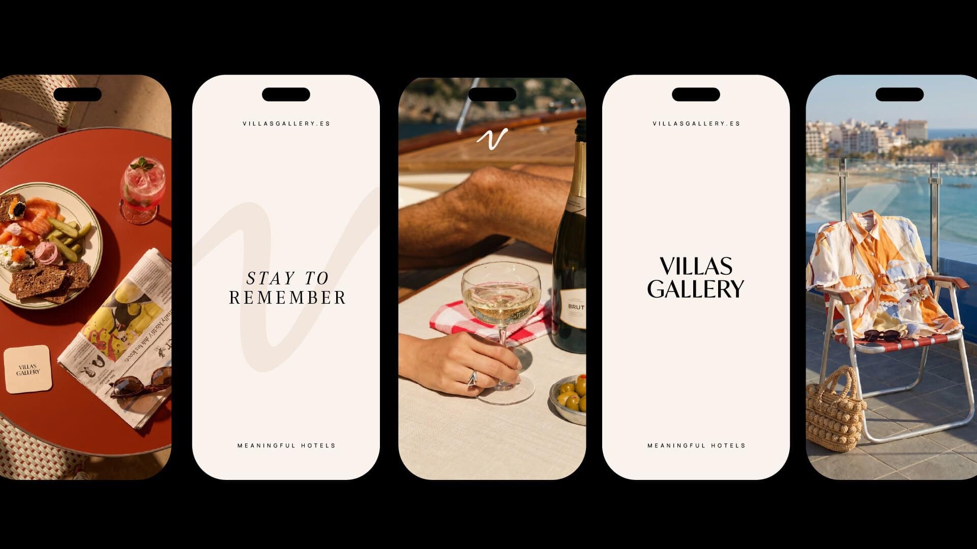 Muestra de branding y experiencia digital para Villas Gallery.