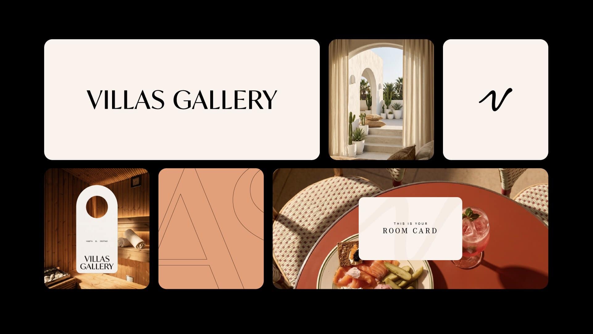 Mosaico de imágenes de branding y diseño de marca para Villas Gallery.
