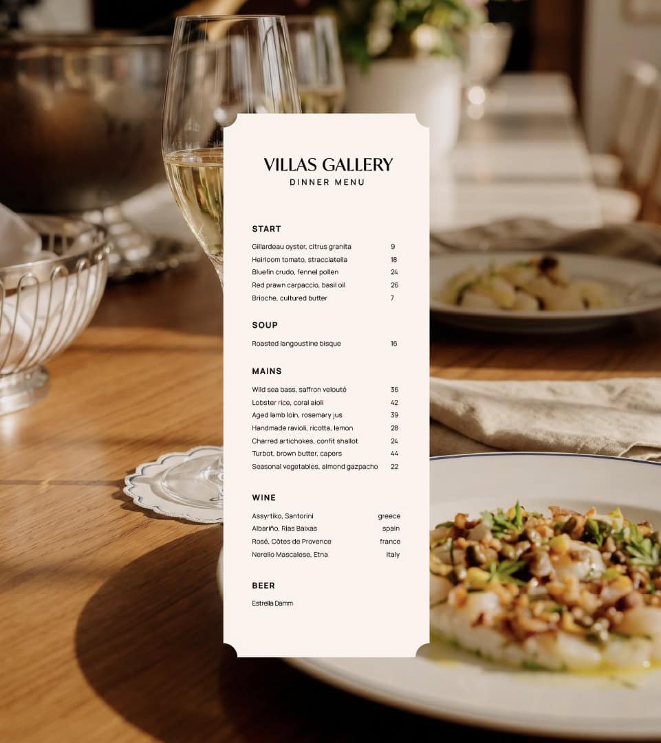 Menú de Villas Gallery con diseño limpio y elegante para experiencia premium.